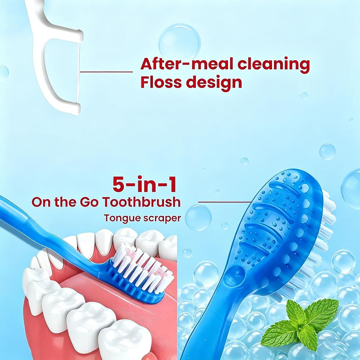 JASUNLEE 70Pack Mini Disposable Toothbrushes 5-in-1 PrePasted Travel Toothbrush with Toothpaste Flosser Pick Tongue Scraper, Individually Wrapped Box, Carry On Essentials for Airplane Camping