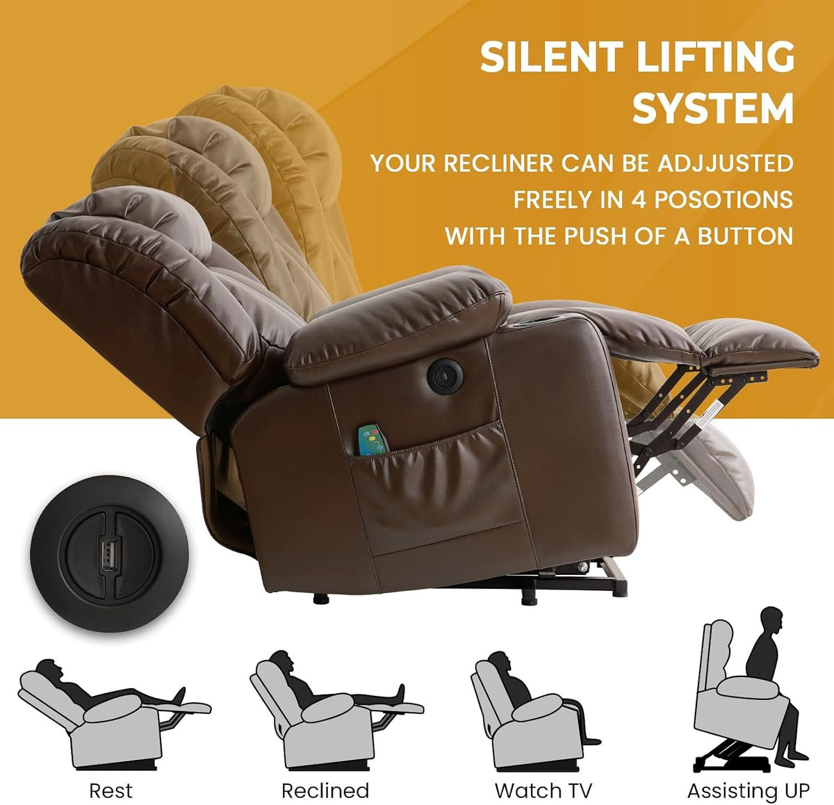 PARKOL Leather Power Lift Recliner Chair for Elderly and Adults | 8-point massage, lumbar heat, silent motor, water-resistant PU leather, USB charging and cup holders, easy assembly