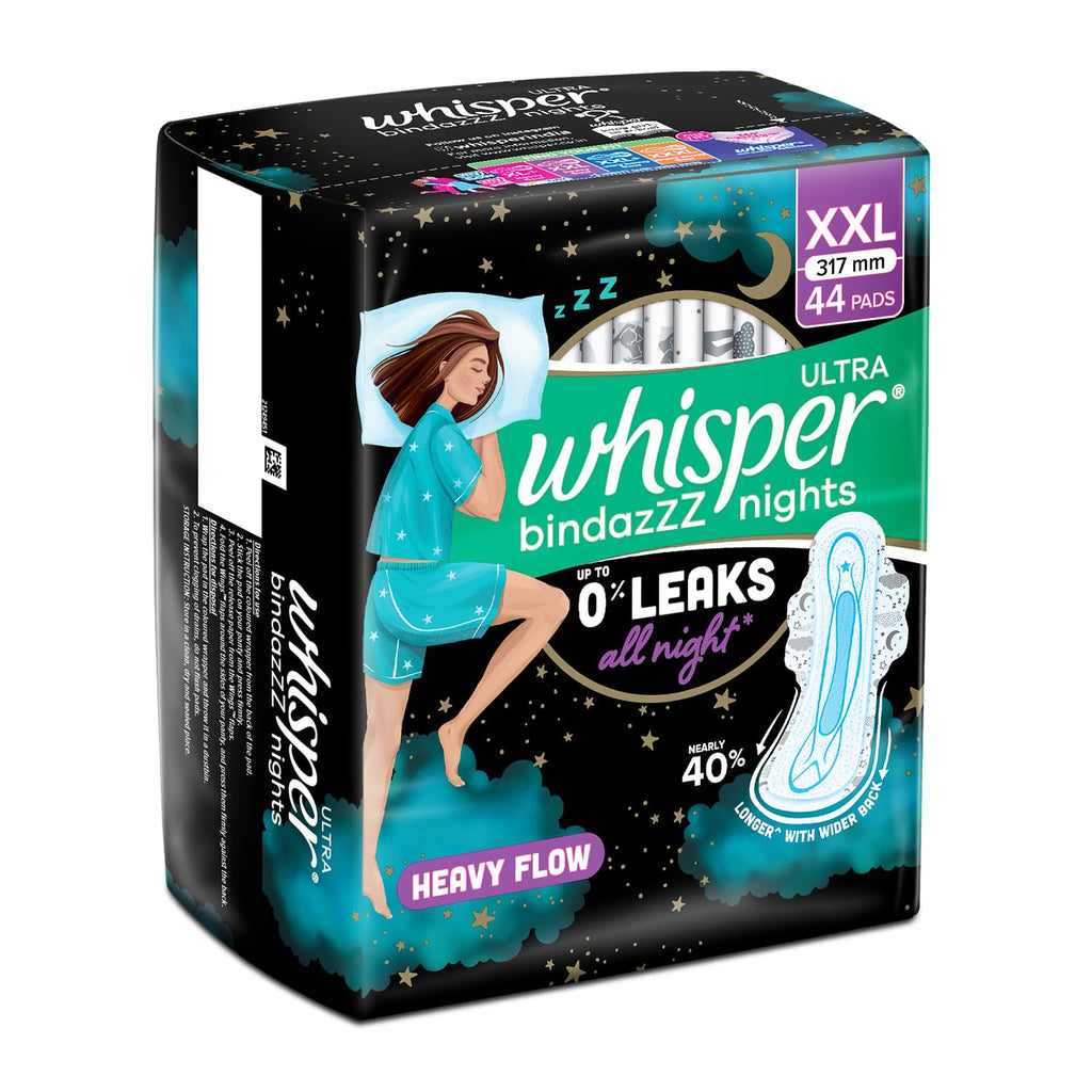 Whisper Bindazzz Nights 44 XXL Sanitary Pads, Upto 0% Leaks All Night Long, For Heavy Flow, Nearly 40% Longer with Wider Back, Active odor lock so you feel fresh, Disposable Wrapper