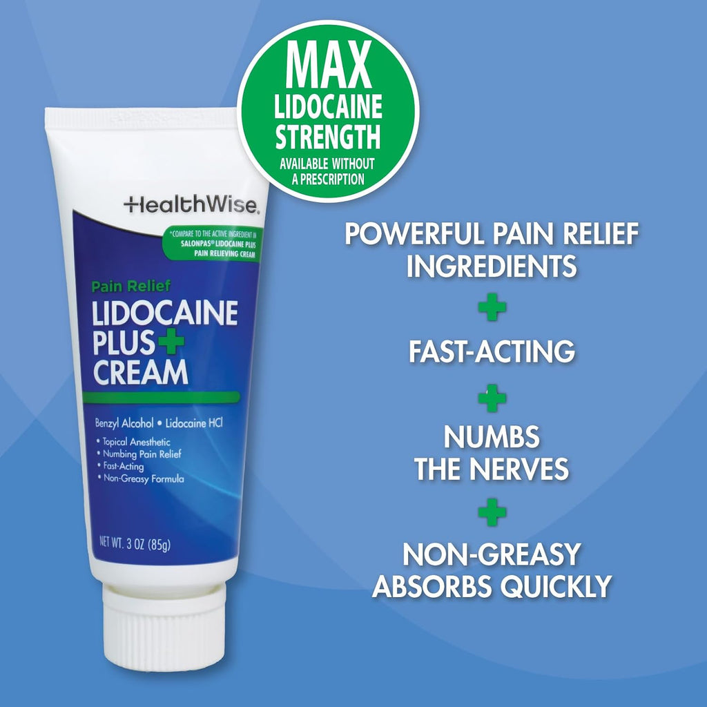 HealthWise Lidocaine Plus+ Cream | Numbs Away Pain | | Non-Greasy | 3.0 Oz | 4% OTC Lidocaine + 10% Benzyl Alcohol | Topical Anesthetic