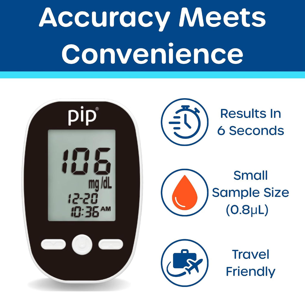 Pip Blood Glucose Monitor Kit - 50 Test Strips, Preloaded Lancets & Case