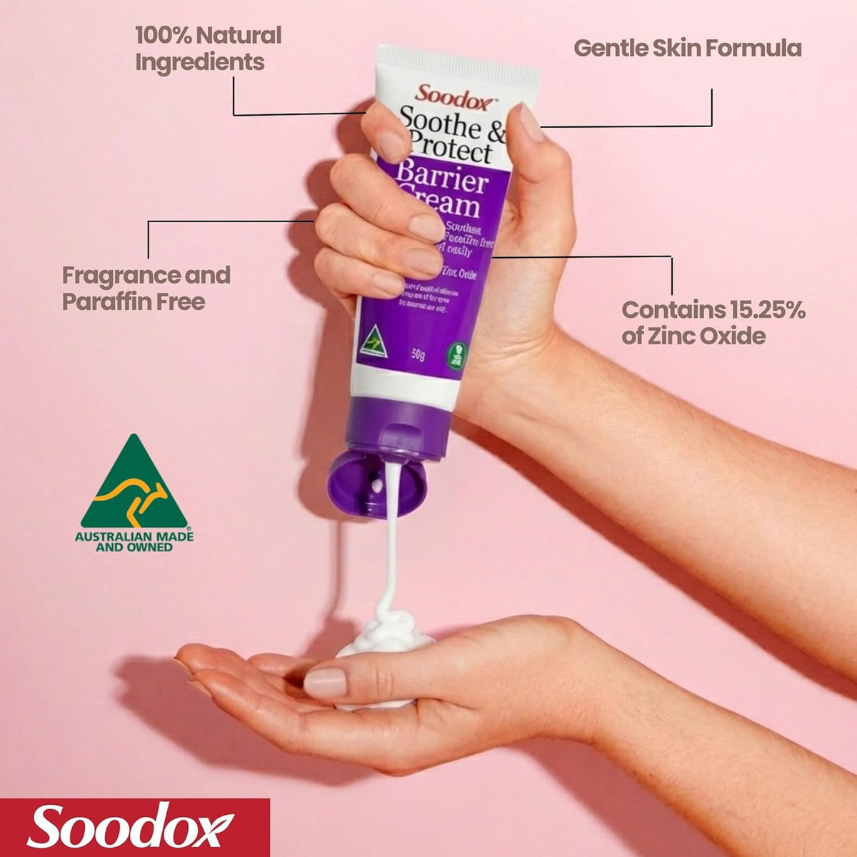 Soodox Soothe & Protect Barrier Cream 50g – 15.25% Zinc Oxide Nappy Rash & Skin Barrier Cream for Babies, Children & Adults, Sensitive Skin, Fragrance Free, Australian Made & Owned