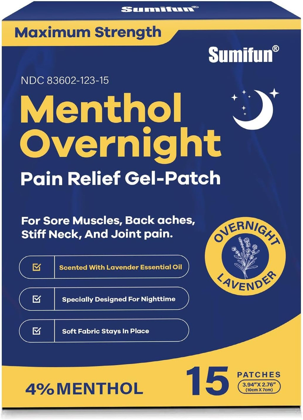 Sumifun Overnight Pain Relief Patches - Cold Hot Pain Patch with Lavender Scent - Menthol Pain Reliver for Knee & Lower Back Pain Relief Sore Muscle Relief (15 Counts(Pack of 1), Lavender)