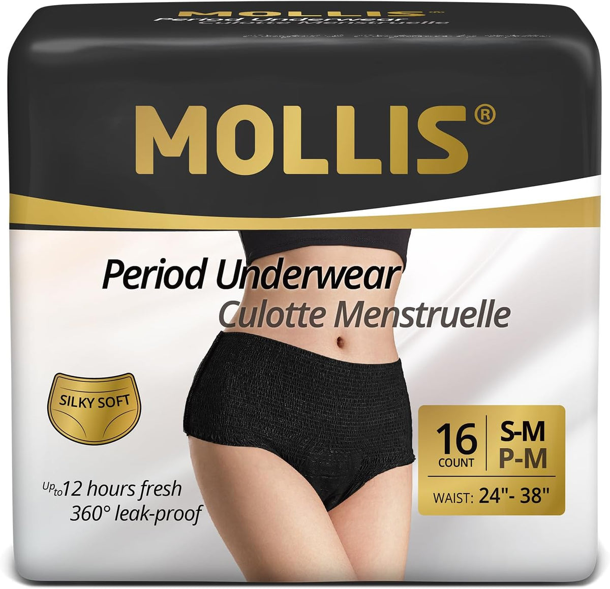 MOLLIS Disposable Period Underwear for Women, Postpartum Panties, Maternity Knickers Heavy Flow Leak Proof, Black, Small/Medium, 16 Count