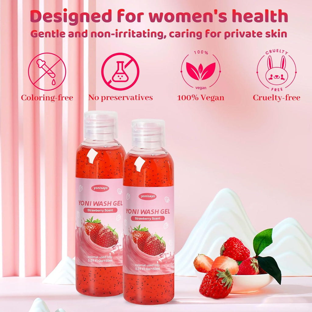 2 PCS Yoni Wash, Natural Feminine Wash for Women Ph Balance, Yoni Body Wash Vaginal Wash for Intimate Moisturizing Deodorant Remove Odor, Strawberry Scent