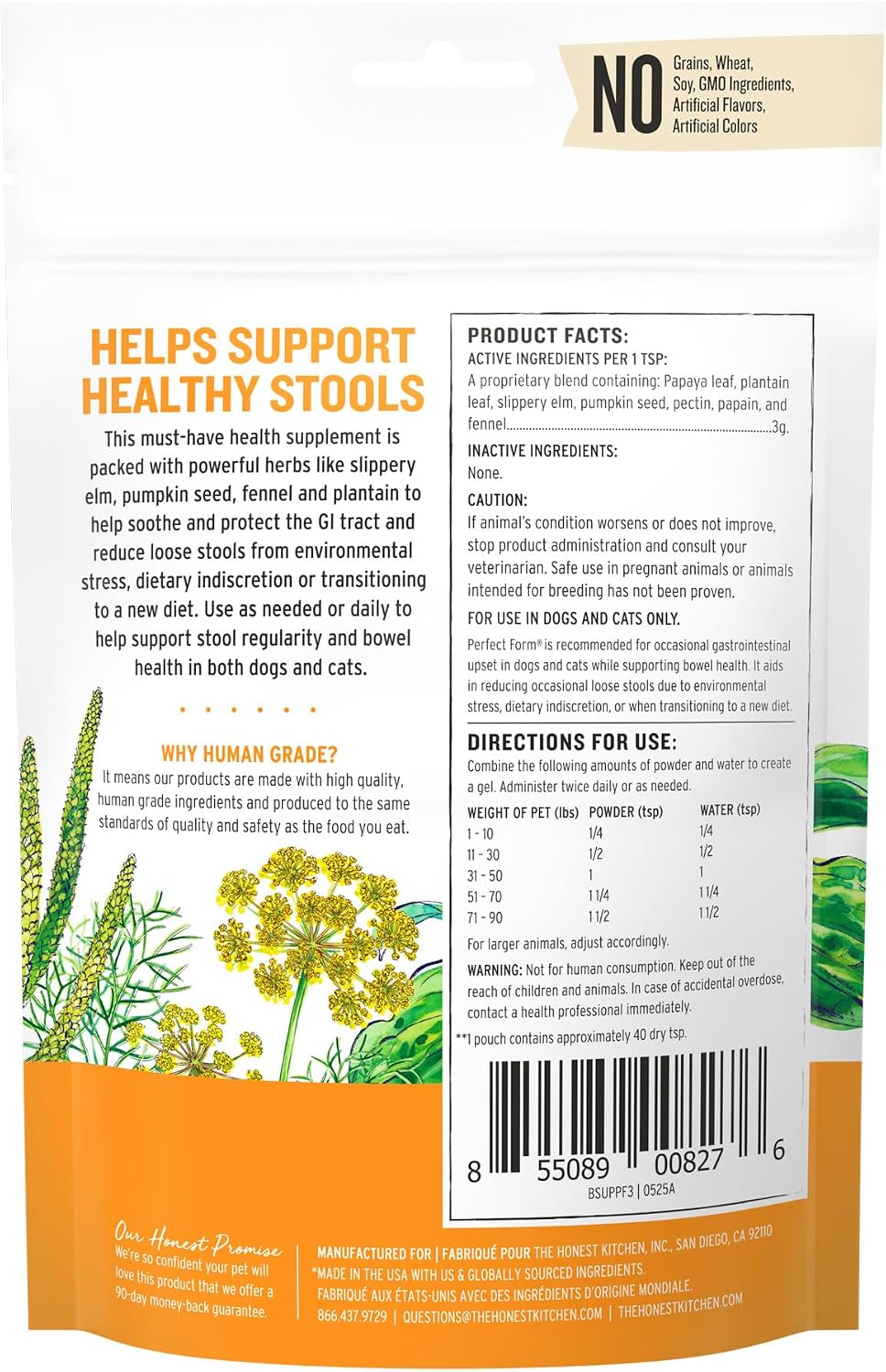 The Honest Kitchen Perfect Form Herbal Digestive Supplement for Dogs & Cats, Human Grade Gut Health Support Powder with Pumpkin, Slippery Elm & Papaya Leaf, Gut & Stool Support, 3.2 oz Pouch