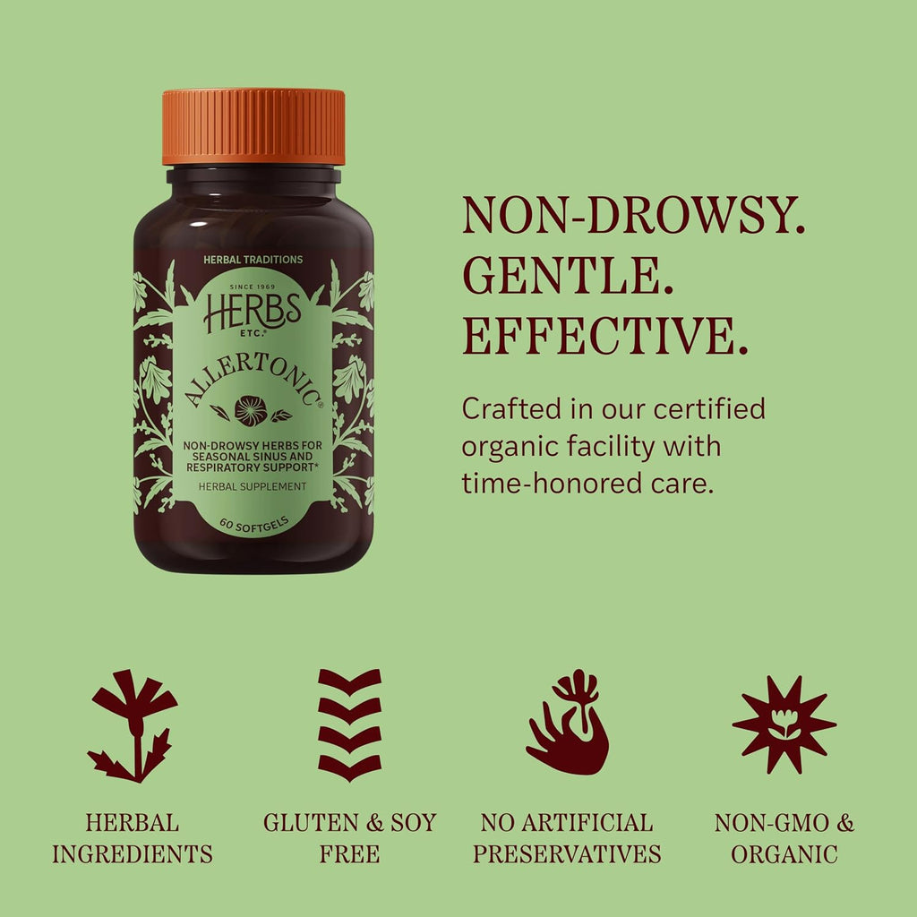 Herbs Etc. Allertonic Softgels, Herbal Allergy Supplement, 60 Count | Herbal Allergy Supplement with Organic Fresh Stinging Nettle, Eyebright, and Mullein for Respiratory Support, Non-Drowsy
