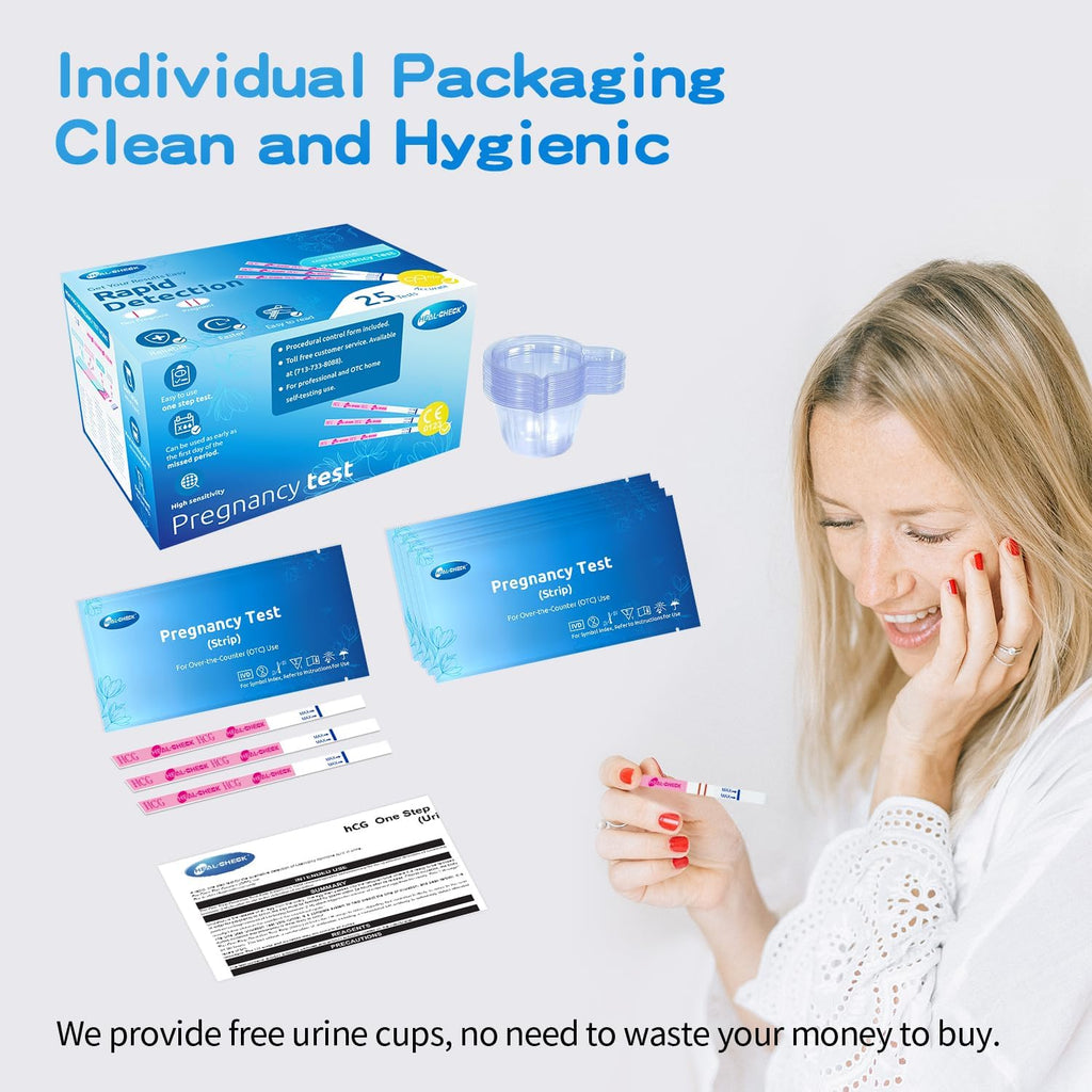 Pregnancy Tests with Cup, HEAL-CHECK Bulk Pregnancy Test Strips for Home Detection, Over 99% Accuracy, Individually Wrapped, Extra-Wide 5mm HCG Test Kit Comfortable Grip, 25 Count, Pruebas De Embaraz