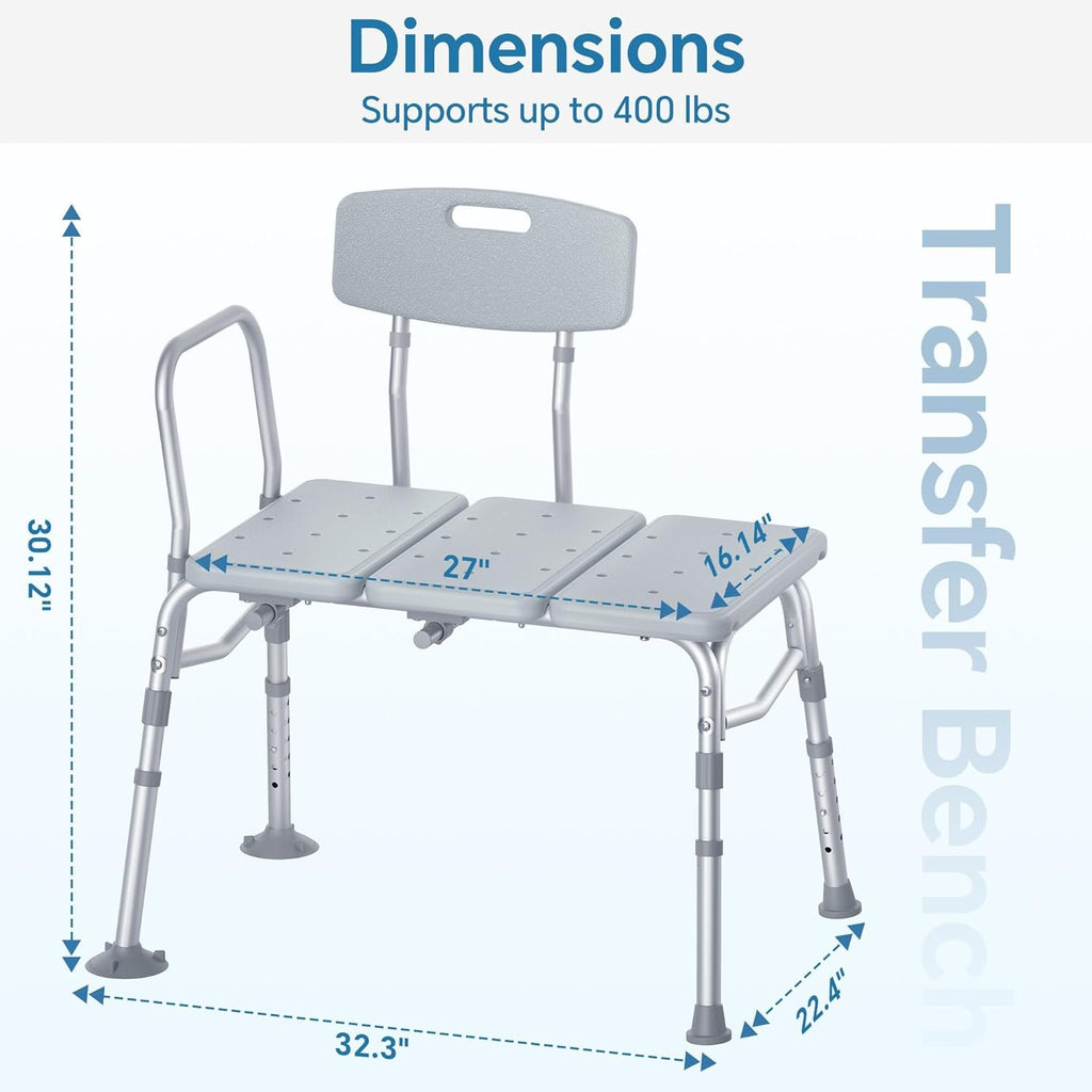 HOMLAND Tub Transfer Bench with Backrest for Bathtub, Height Adjustable | 400 lbs, Slip-Resistant Feet, Sturdy Aluminum Heavy Duty Shower Chair, Safer Bathing Aid Bench for Elderly and Disabled