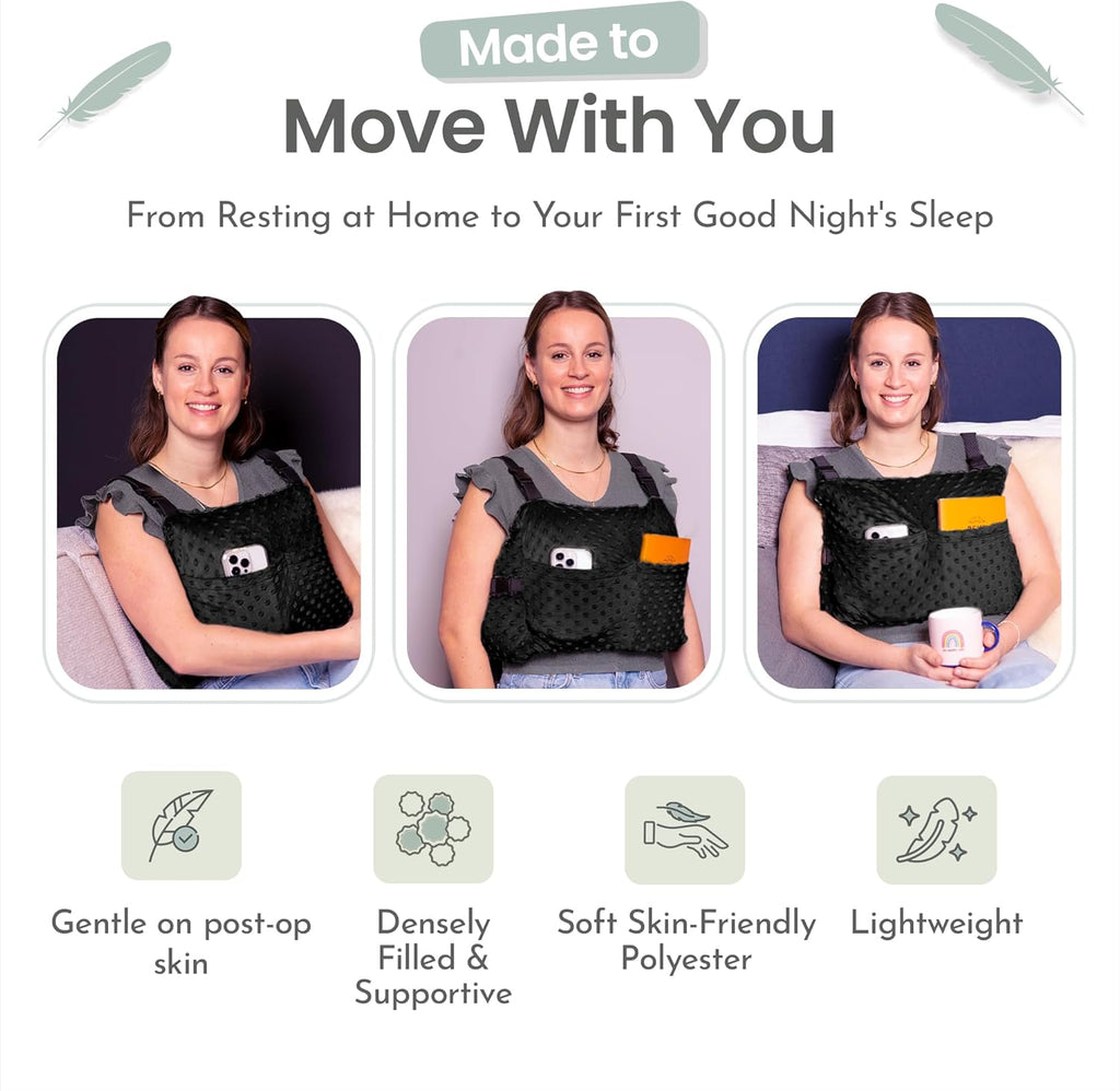MOYOAMA Post Mastectomy Pillow - Recovery After Breast Cancer Surgery, Breast Augmentation - Lightweight Post Surgery Pillow with 4 Built-in Pockets to Support Healing - Breast Cancer Gifts for Women