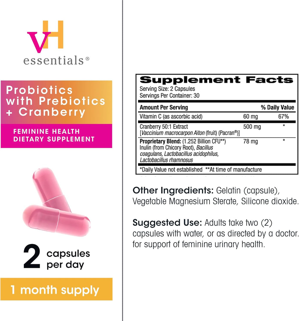 vH essentials Probiotics with Prebiotics and Cranberry Feminine Health Supplement - 60 Capsules