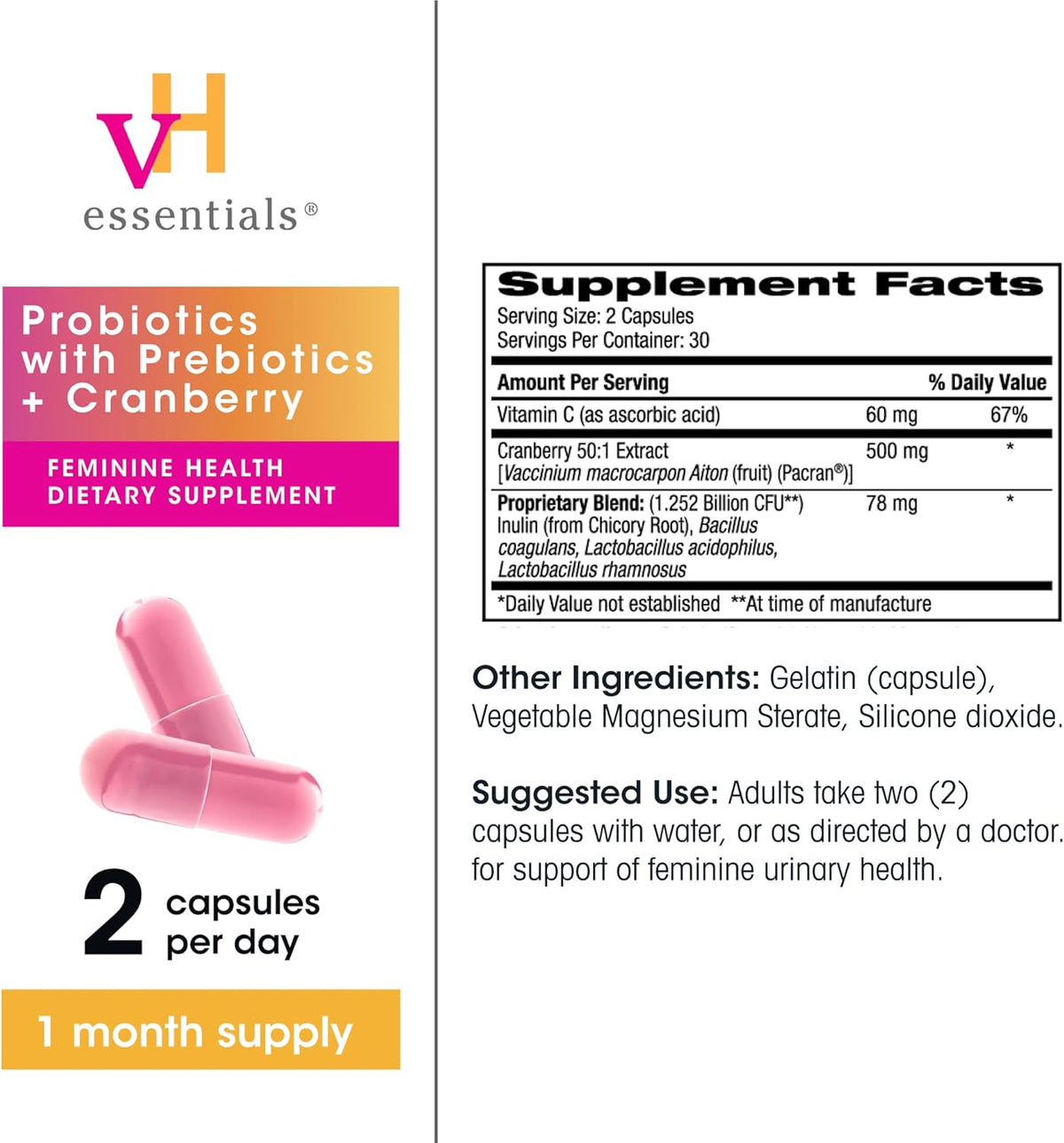 vH essentials Probiotics for Women with Prebiotics and Cranberry, 60 Ct | Feminine Health Dietary Supplement, Probiotics Support Gut Balance, Urinary Tract Health for Women, 30 Day Supply