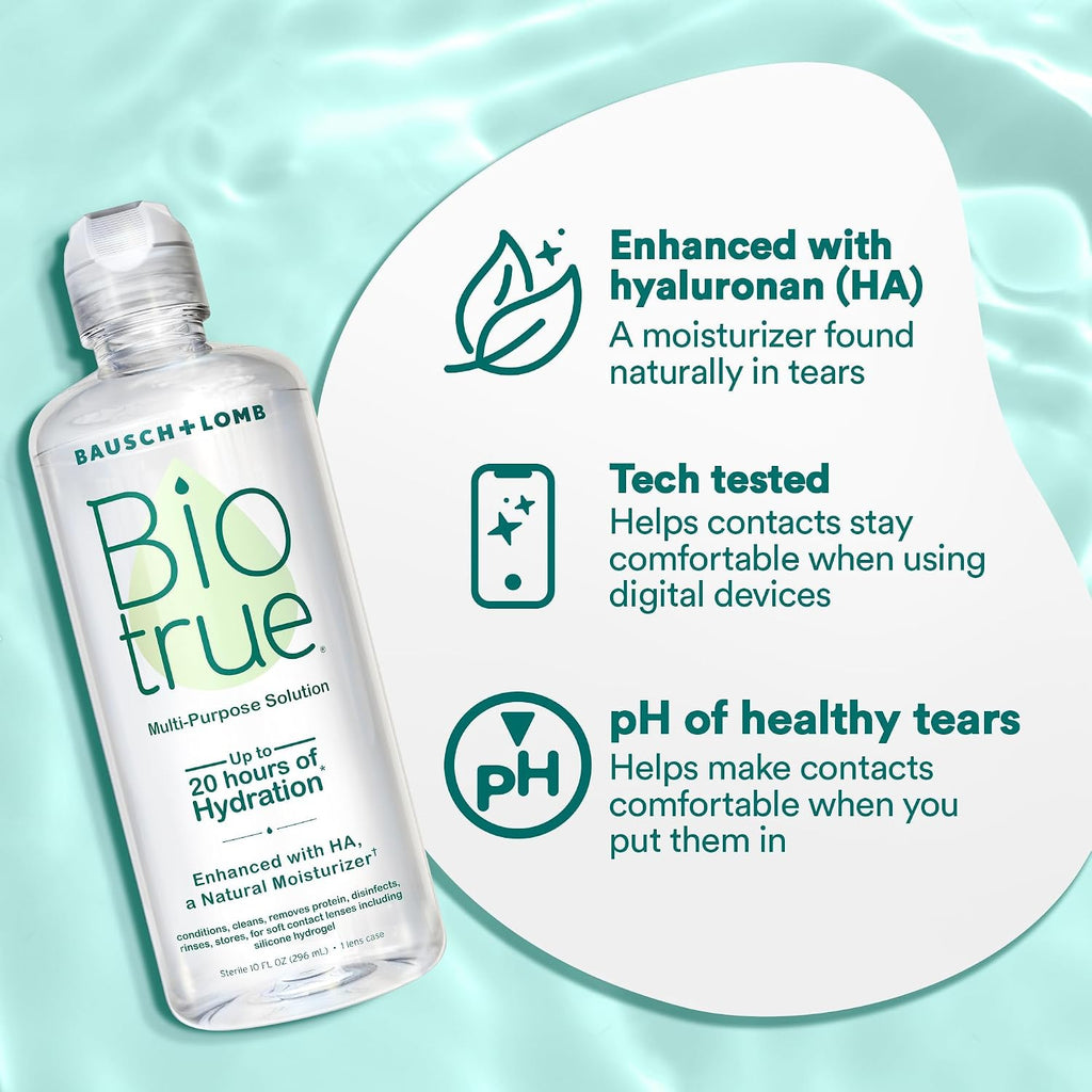 Biotrue Contact Solution, Multi-Purpose Solution with Lens Case, Cleans, Conditions, Hydrates, Disinfects, Removes Protein, Dirt & Debris, Contact Lens Cleaner & Storage, 10 Fl Oz (Pack of 2)