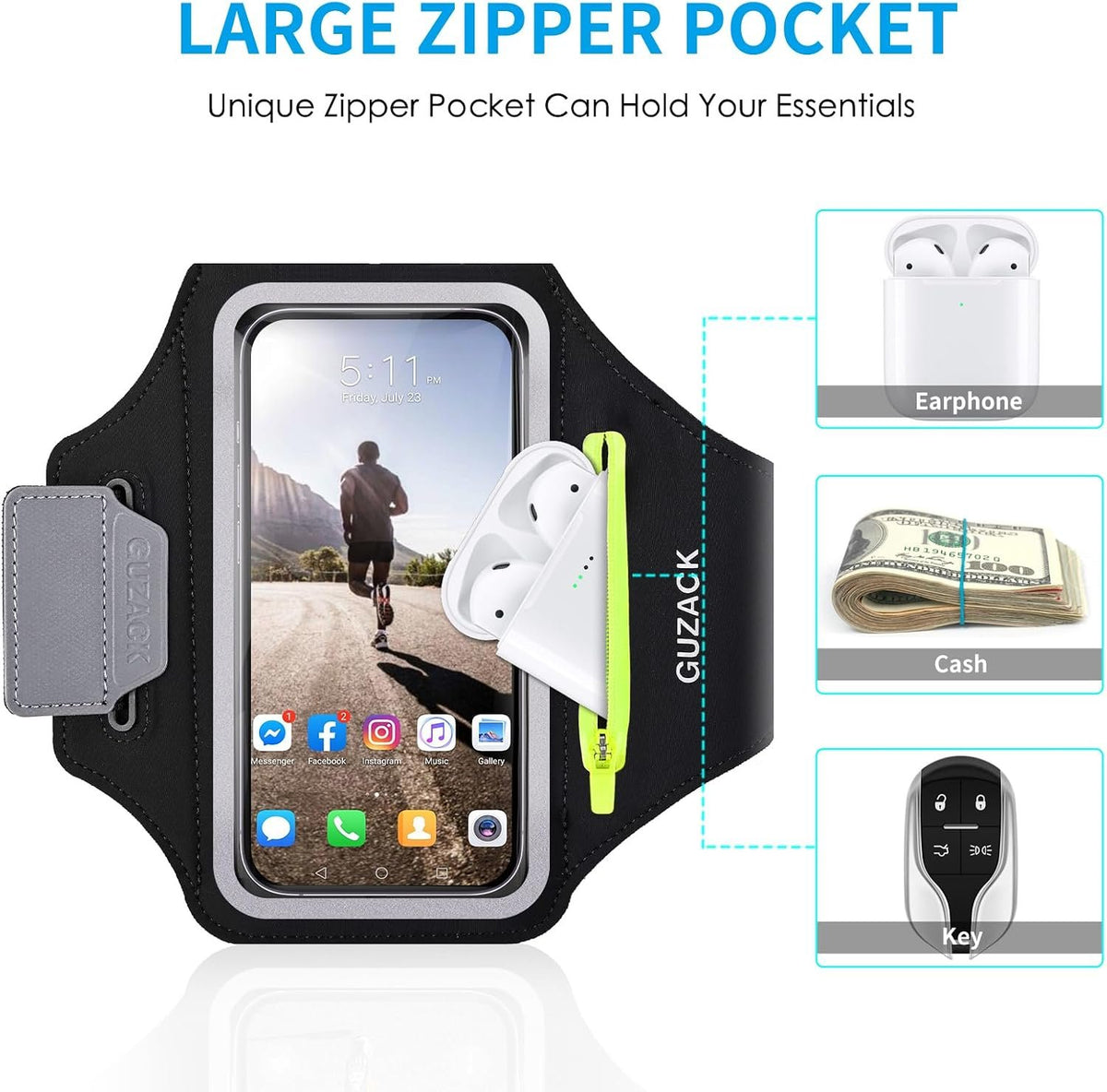 GUZACK Running Armband for iPhone 17 16 15 14 13 12 Pro Max/Plus/XR/XS, Galaxy S25/S24/S23/S22, with Card Slot & Key Pockets, Sports Arm Bands Cell Phone Holder Fit Up to 6.9 Inches Phone