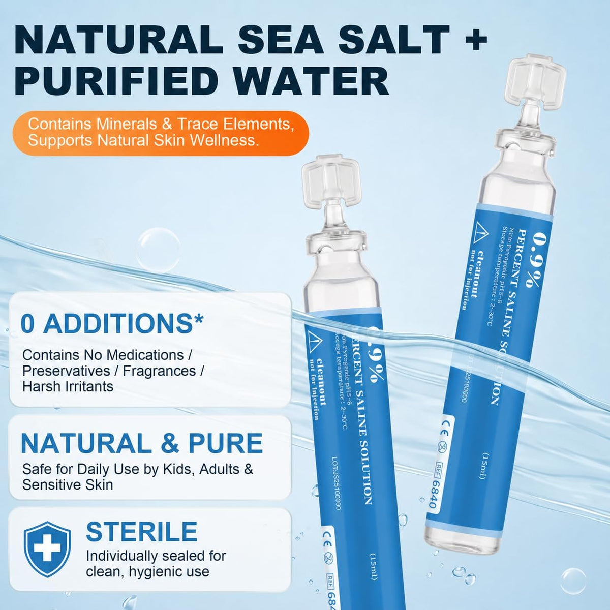 Saline Solution, 0.9% Sodium Chloride, 20 Pack 15mL Single-Use Vials for Nasal Rinse, Wound Wash, Skin Cleansing, Ready-to-Use Saline Water for Daily Care