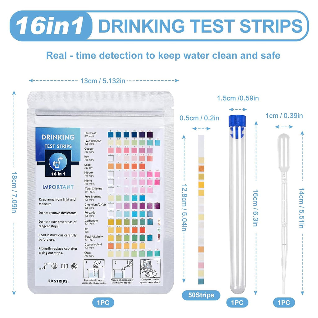 50 Pieces 16 in 1 Drinking Water Test Strips, 50 Tests for Water Quality Drinking Water Tester and 1 Test Tubes Quick Analysis PH Heavy Metals Nitrate Chlorine for Aquarium Tap