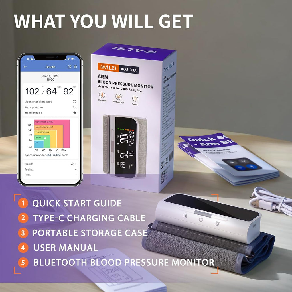 @AL21 Bluetooth Blood Pressure Monitor Upper Arm - Rechargeable Automatic BP Machine for Home Use, Accurate Digital Smart Wireless Kit with Large Cuff (8.7-16.5"), App Data Sync, 2 Users