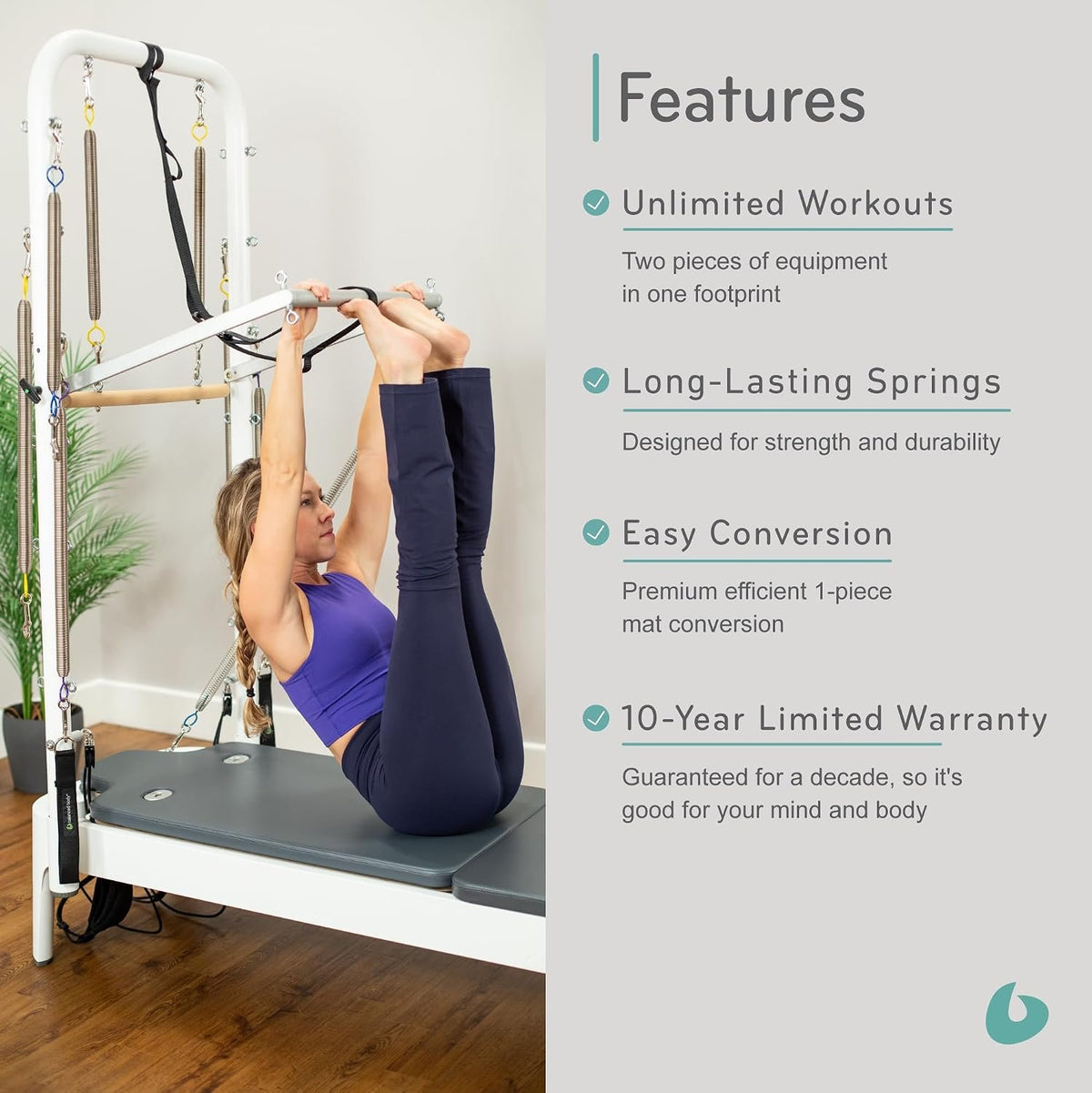 Balanced Body Allegro 2 Pilates Reformer, Pilates Exercise Equipment, Workout Equipment for Home or Studio, Storm Gray