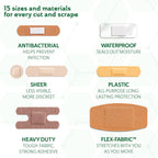 CURAD Assorted Bandages Variety Pack, 300 Count, 6 Styles Including Antibacterial, Waterproof, Sheer, Plastic, Heavy Duty & Flex-Fabric, Protects Scrapes, Cuts & Burns, Latex-Free