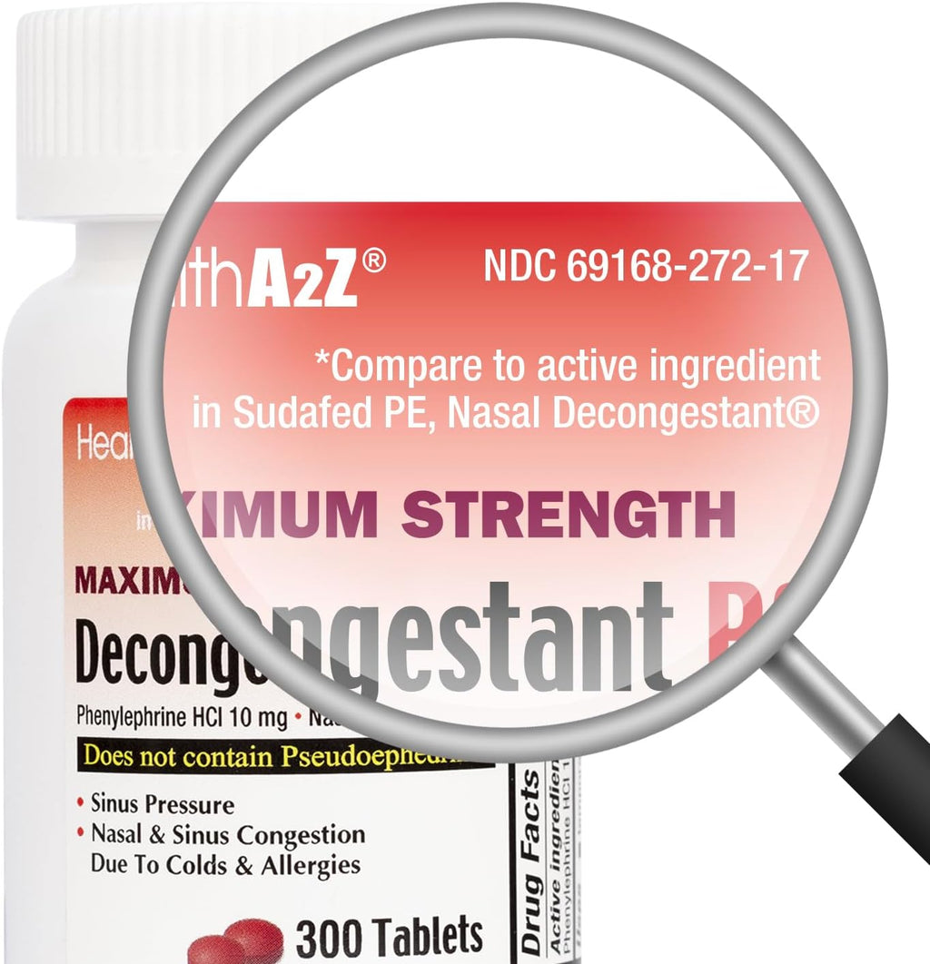 HealthA2Z® Decongestant PE, Phenylephrine HCl 10mg, Sinus Relief, 300 Count