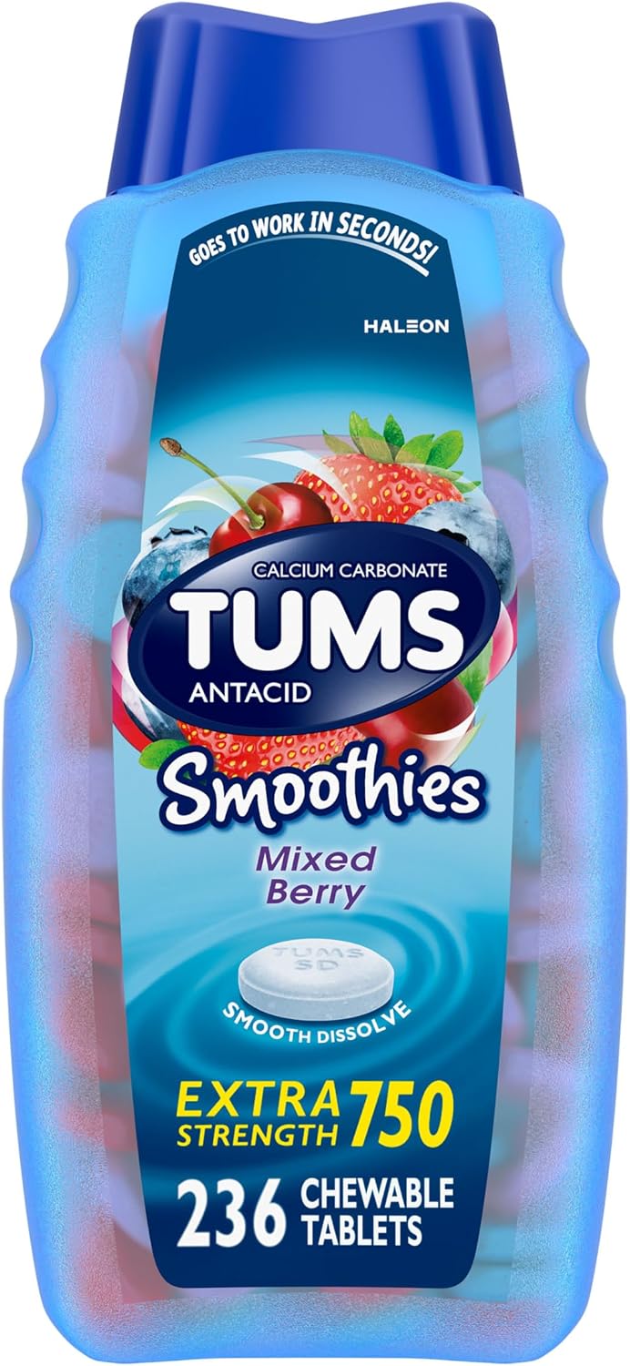 TUMS Smoothies Antacid Tablets, Heartburn Relief, Mixed Berry 236 Count