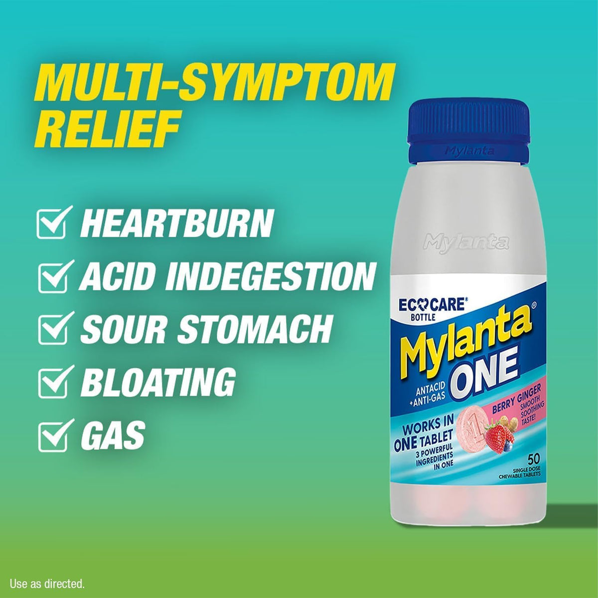 Mylanta One Antacid Tablets, Berry Ginger, Fast Relief, 50 Ct