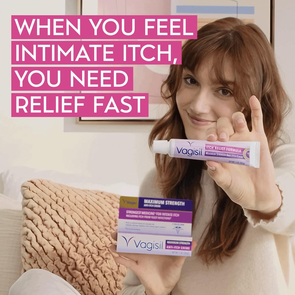 Vagisil Maximum Strength Feminine Anti-Itch Cream with Benzocaine for Women, Helps Relieve Yeast Infection Irritation, Gynecologist Tested, Fast-Acting, Soothes and Cools Skin, 1 oz