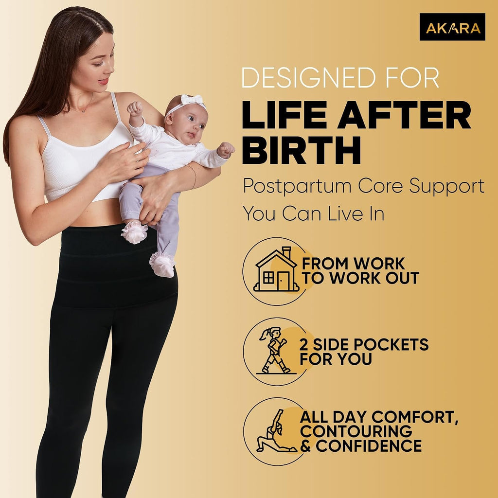 AKARA Postpartum Tummy Control Leggings for Women – No Roll Down Leggings – Two Pockets Three Tier High Waist Band Yoga Pants