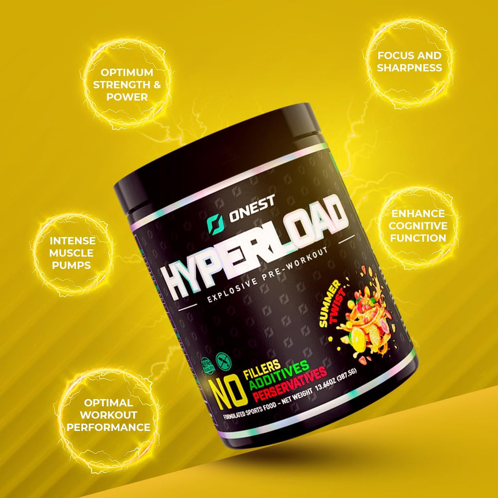 Onest Hyperload Pre Workout Supplements 387.5g | 25 Servings Workout Powder for Men & Women | Enhances Muscle Power & Energy | Caffeine, L-Citrulline Malate, Alanine, L-Theanine Sports Drink Powder (Hyperload, Summer Twist)