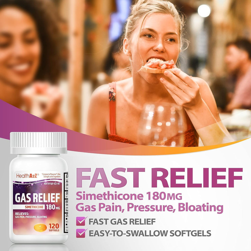 HealthA2Z® Gas Relief, Simethicone 180mg, Fast Acting Gas Relief, Bloating, Pressure, Stomach Discomfort, Anti Flatulence, 120 Softgels