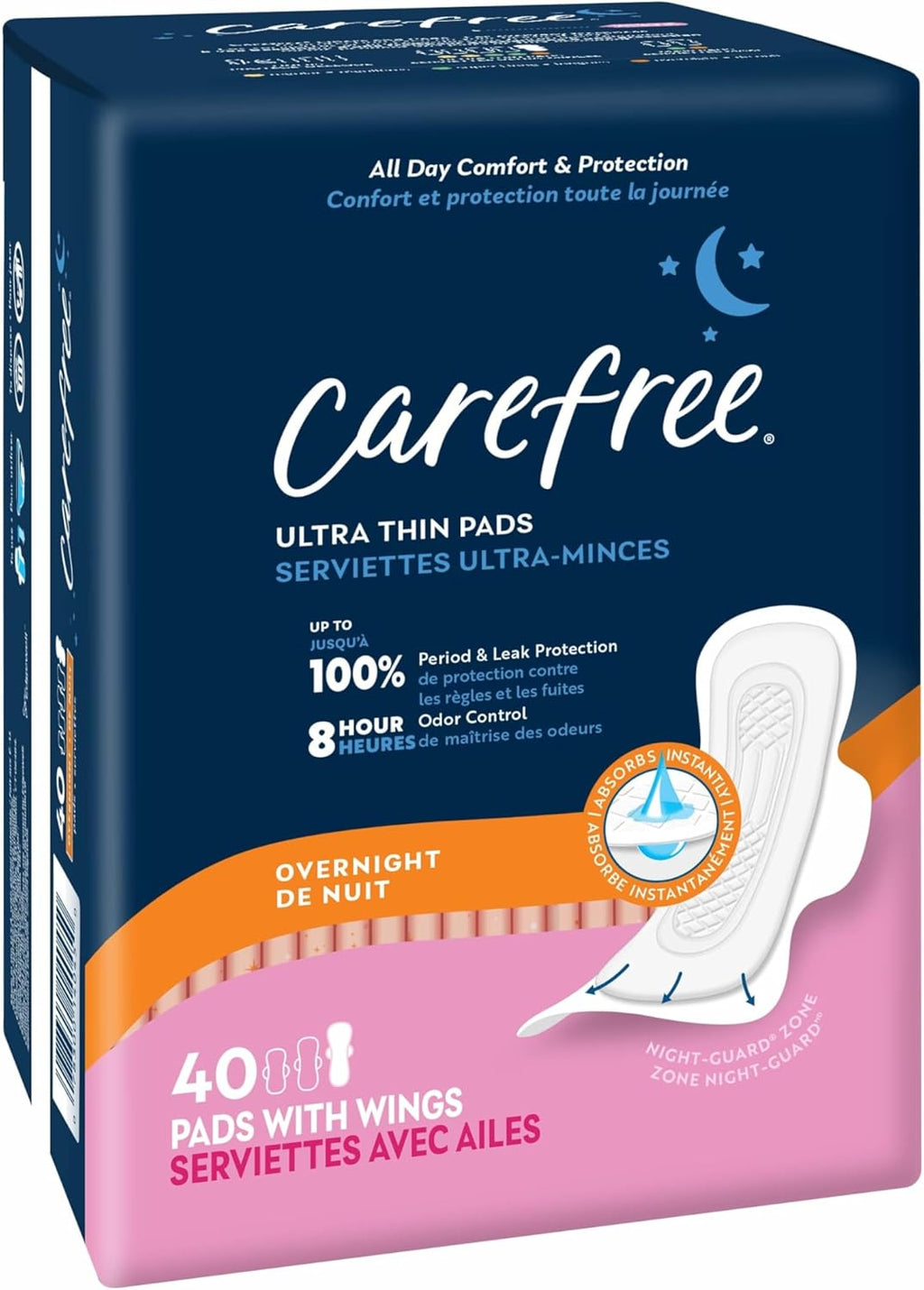 Carefree Ultra Thin Pads for Women, Overnight with Wings | Feminine Care & Postpartum Protection | 40ct (Pack of 1)
