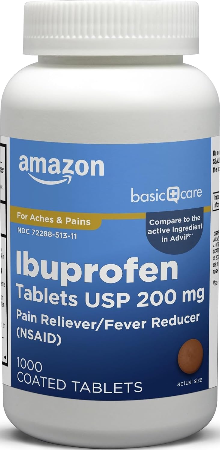 Amazon Basic Care Ibuprofen Tablets, Fever Reducer and Pain Relief from Body Aches, Headache, Arthritis Pain and More, 1000 Count