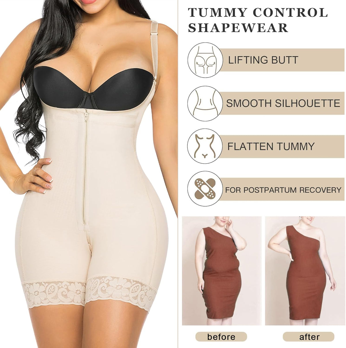 YIANNA Fajas Colombianas Shapewear for Women Postpartum Tummy Control Body Shaper Butt Lifter Bodysuit