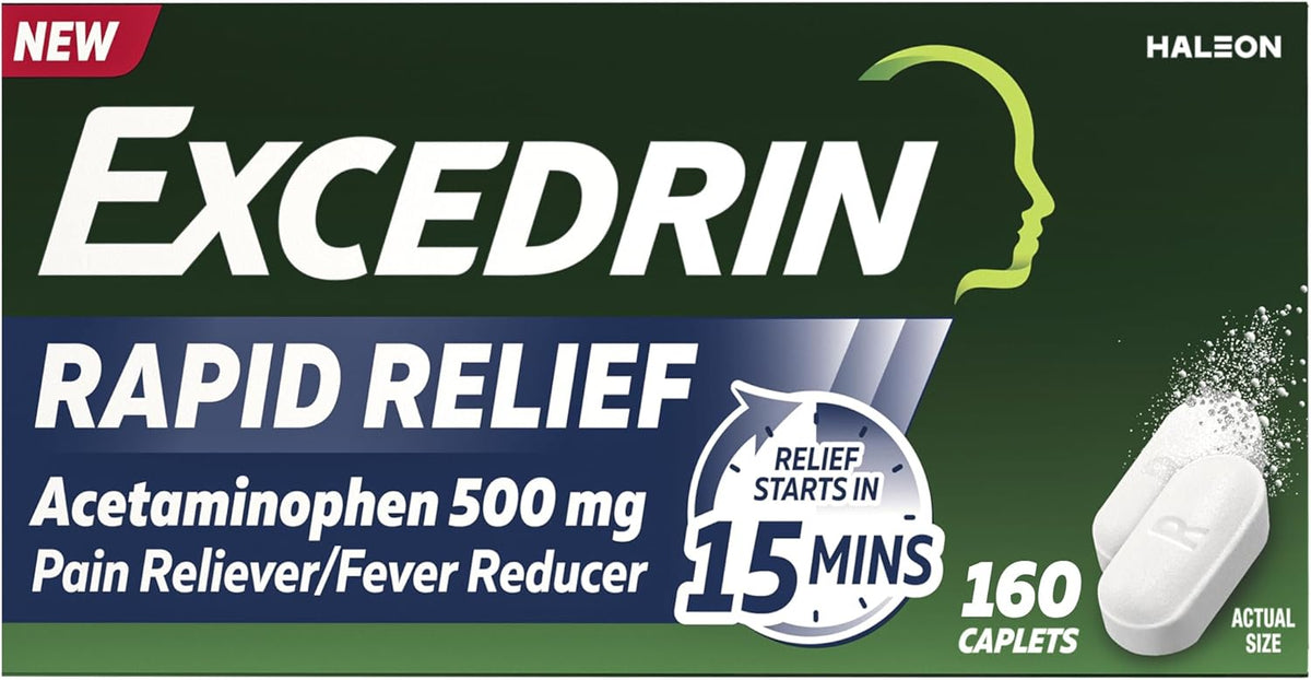Excedrin Rapid Relief Caplets, 500mg Acetaminophen, 160 Count? | Clinically Proven to Absorb Fast for Pain Relief That Begins in 15 minutes , Caffeine Free, Aspirin Free?