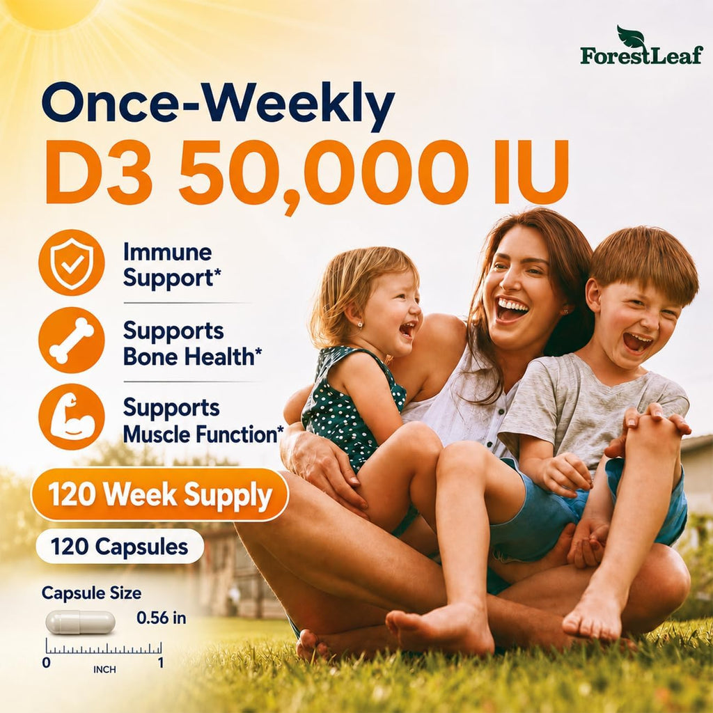 ForestLeaf Vitamin D3 50,000 IU High Potency Weekly Supplement, 120 Ct | Bone, Teeth and Immune Support, Extra Strength Cholecalciferol Capsules for Men and Women, Non-GMO, 2 Year Supply - USA Made