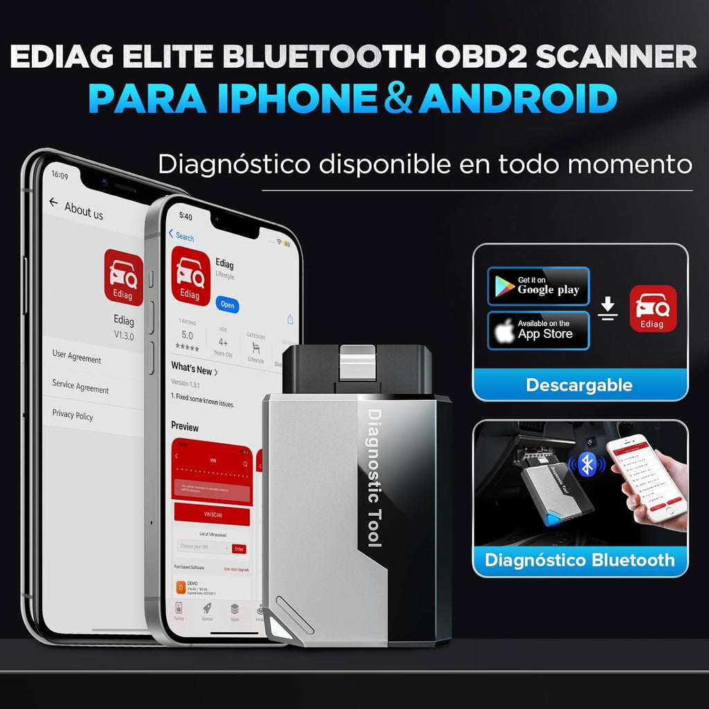 KINGBOLEN EDIAG Elite OBD2 Diagnosis, Bluetooth Diagnosis Car Multibrand, All Systems Diagnosis, 15+ Reset Services, Active Test, for Android & iPhone, Free Updates
