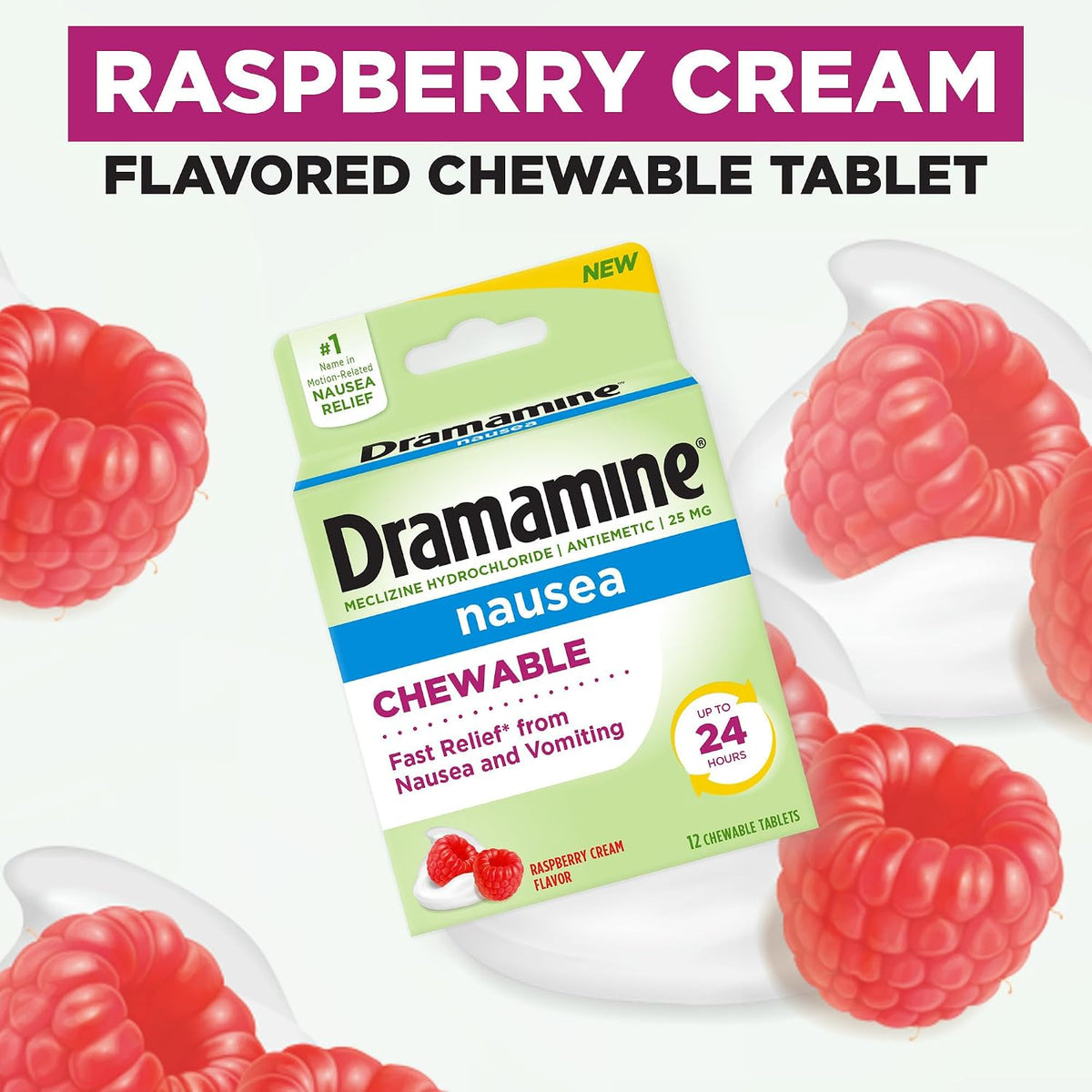 Dramamine Nausea Relief, Raspberry Cream Flavored Chewable, 12 Count