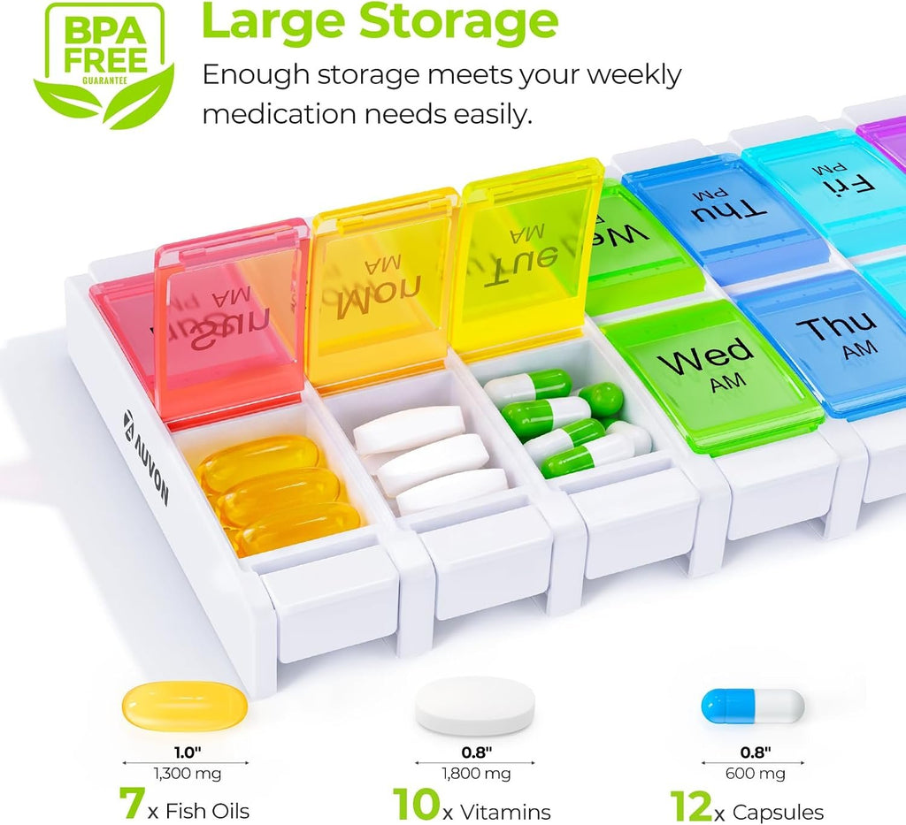 AUVON Weekly Pill Organizer Arthritis Friendly, BPA Free Travel 7 Day Pill Box Case with Spring Open Design and Large Compartment to Hold Vitamins, Cod Liver Oil, Supplements and Medication