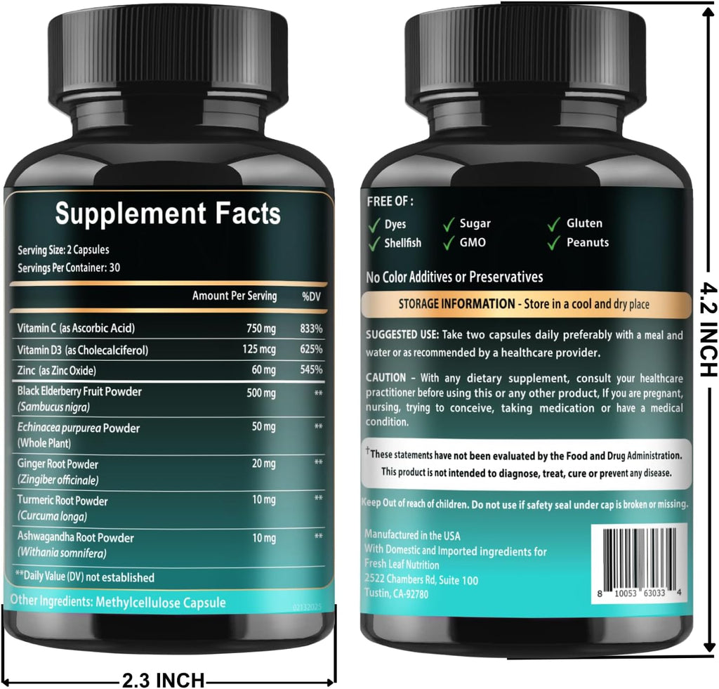 VITBOOST Elderberry Immune Support Supplement 8 in 1 with Vitamin D 5000 IU | Formula with Echinacea, Vitamin C & Zinc, Turmeric, Ginger, Ashwagandha - 60 Capsules