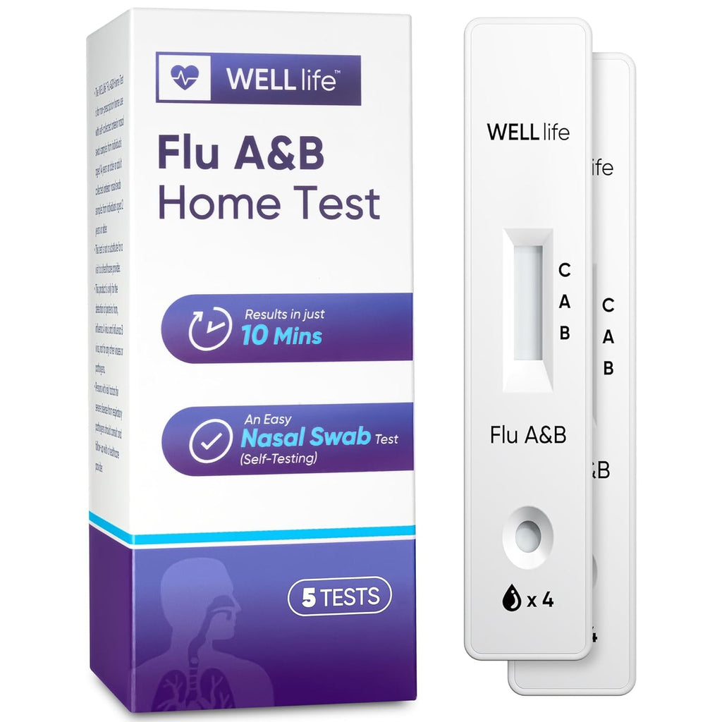 WELLlife Flu A&B Home Test, Flu Tests for Home 5 Pack, Result in 10 Mins | OTC Nasal Swab Test, No Discomfort for Adults & Children at Home, School, Workplace