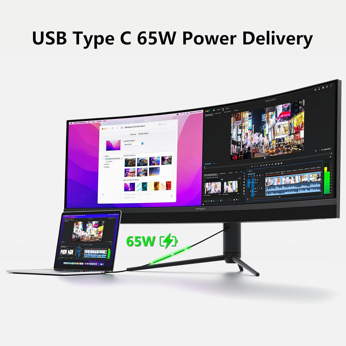 INNOCN 45C1R 45" 5K2K 5120 x 1440p Ultrawide Curved Gaming Monitor, R1500, HDR400, USB Type-C 90W Power Delivery, PIP/PBP, Built-in Speaker, Height Adjustable, Black