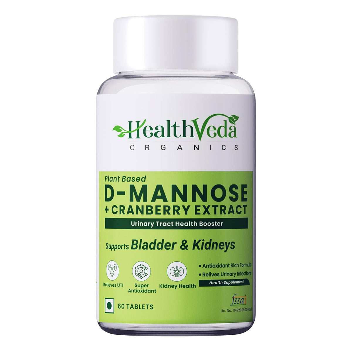 HEALTH VEDA ORGANICS PRIVATE LIMITED D-Mannose 500 mg + Cranberry Extract 200 mg | 60 Veg Tablets I Supports Kidney Health & Urinary Tract Infection
