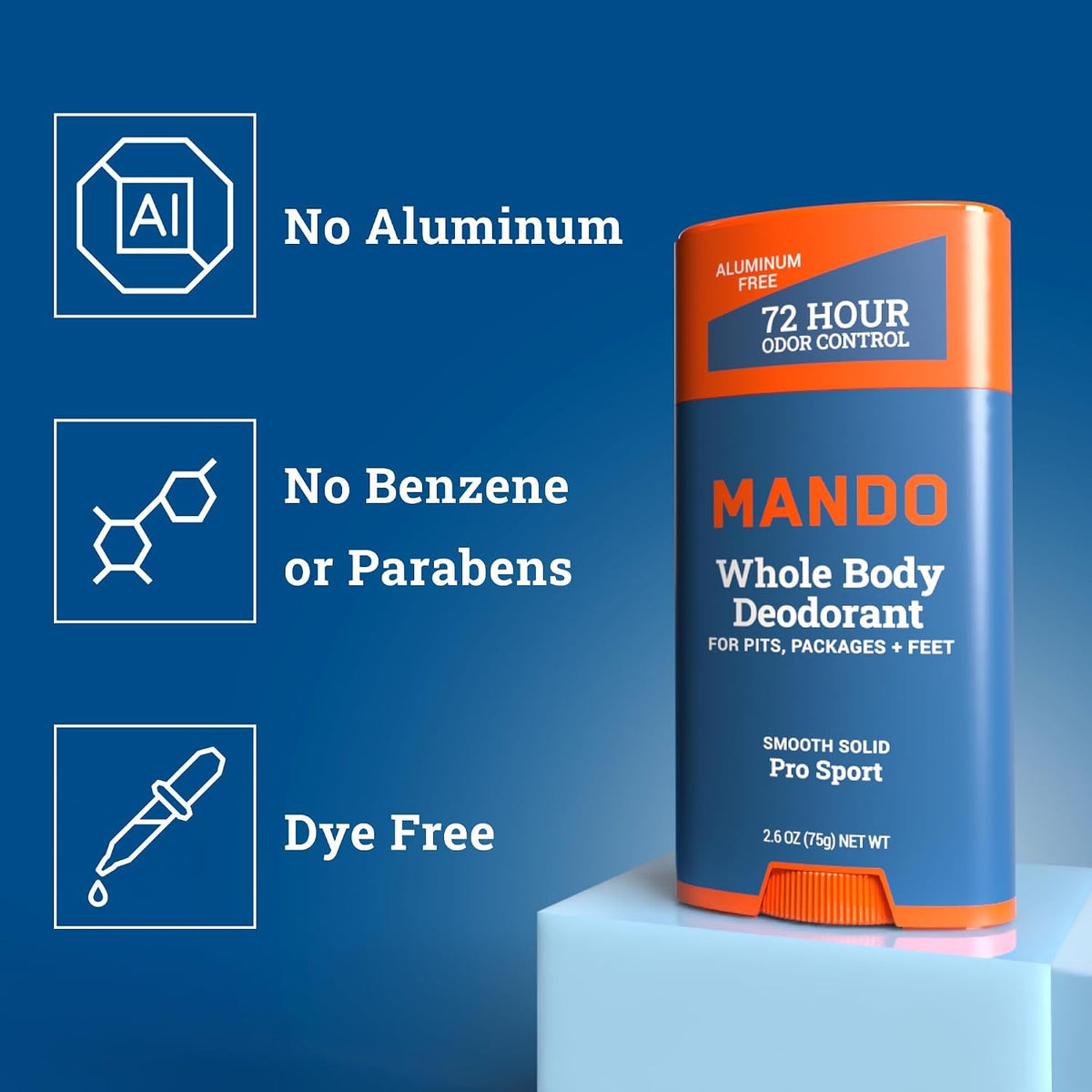 Mando Whole Body Deodorant For Men - Solid Stick - 2.6 oz, 2 pk - Pro Sport | 72 Hour Odor Control with Mandelic Acid. Use on underarms, chest, feet & below the best. Aluminum Free & Baking Soda Free