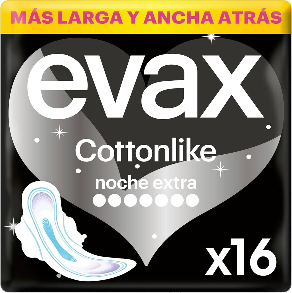 Evax Cottonlike Extra Night Pads with Wings, 16 Count, Up to 100% Clean Nights