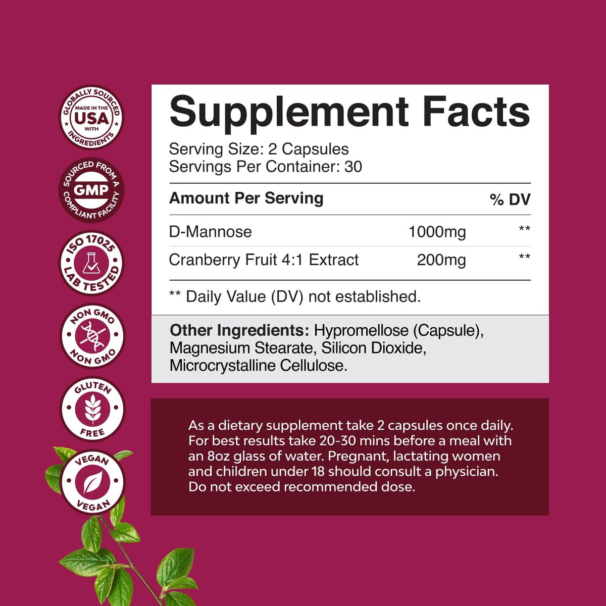 D Mannose with Cranberry Extract Capsules - D Mannose Capsules for Kidney Cleanse Liver Support and Urinary Tract Health for Women - D-Mannose 1000mg Capsules with Hibiscus and Dandelion 60 Count