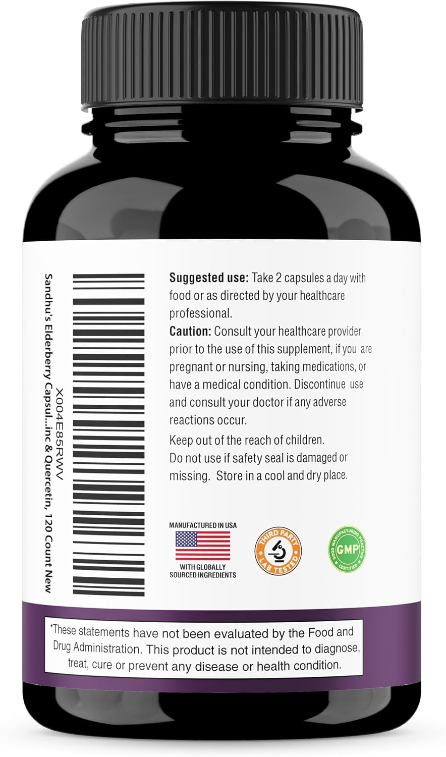 Elderberry Vitamin C and Zinc Capsules with D3 and Quercetin, 120 Count | 6-in-1 Immune Support Supplements For Adults, Sambucus Extract Zink Ginger USA Made in NSF GMP Certified Facility By Sandhu's