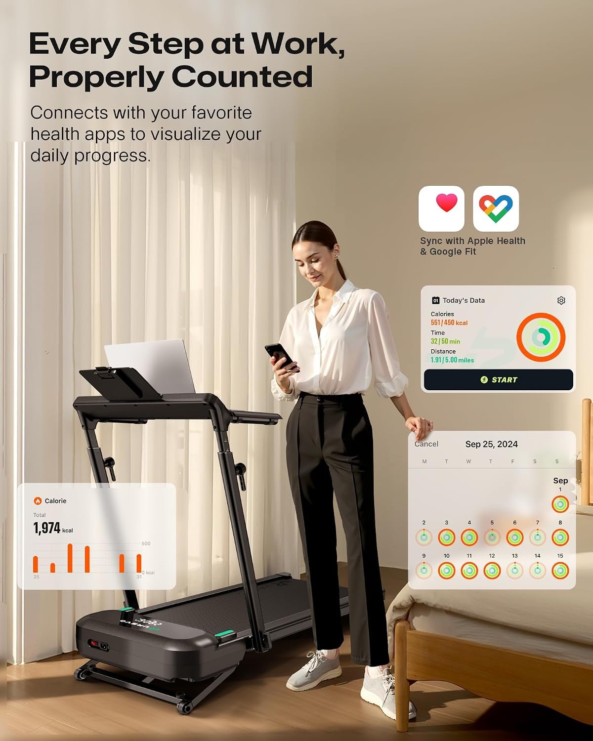 UREVO Foldable Treadmill with Adjustable Laptop Desk, 12% Auto Incline