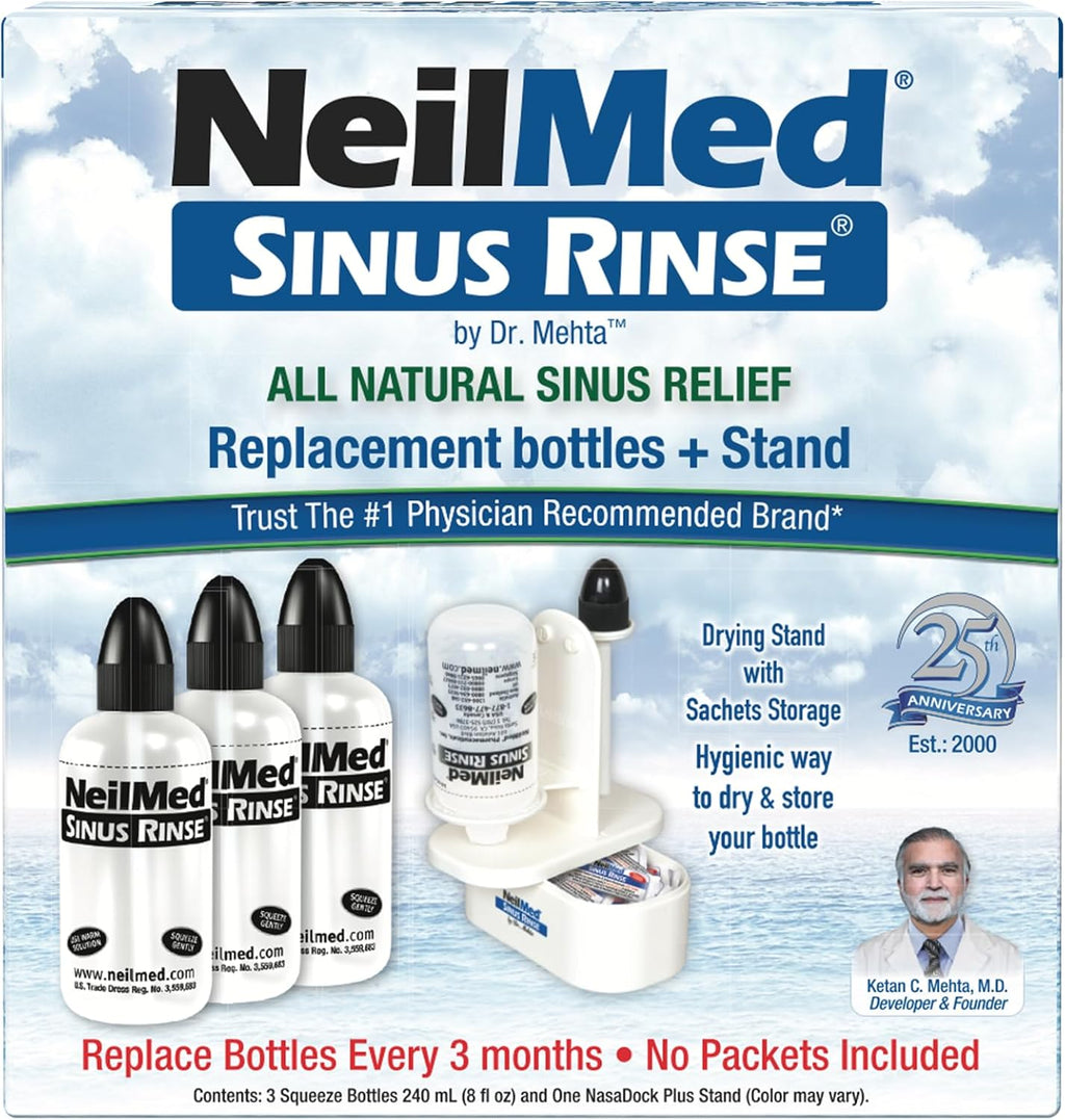 NeilMed Sinus Rinse Nasal Irrigation Replacement Bottle 3ct with NeilMed NasaDock Plus Drying Stand