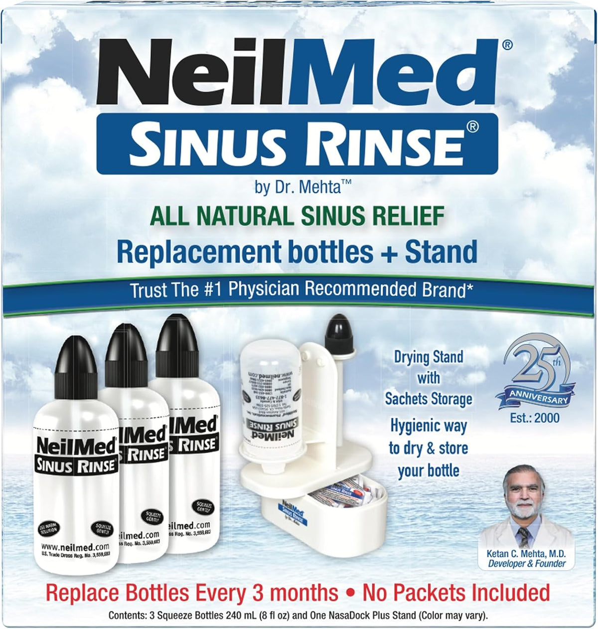 NeilMed Sinus Rinse Nasal Irrigation Replacement Bottle 3ct with NeilMed NasaDock Plus Drying Stand