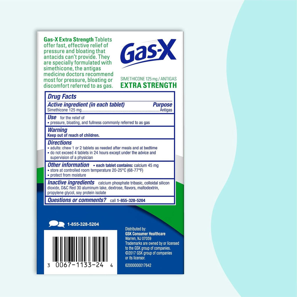 Gas-X Extra Strength Chewable Tablets, Gas Relief, Cherry, 72 Count | Simethicone 125mg Extra Strength Chewable Tablets, Fast Gas and Bloating Relief, GLP-1 Support